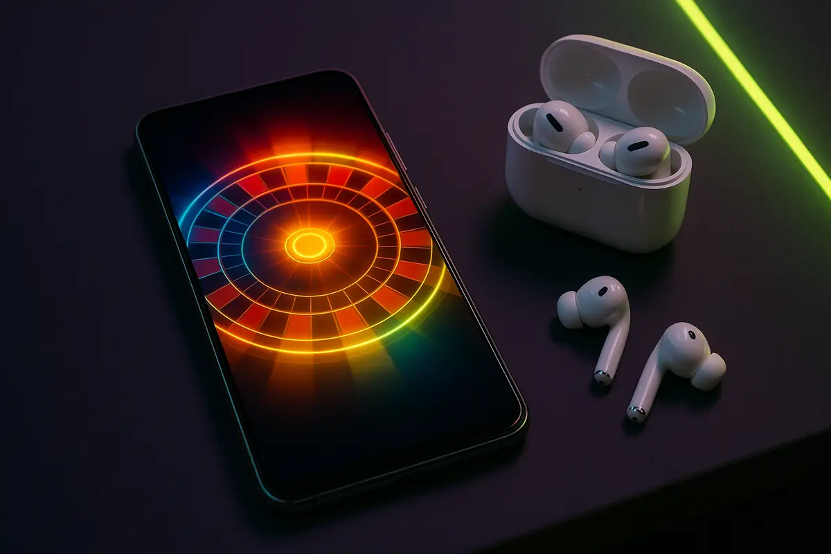 Phone and earbuds on a desk